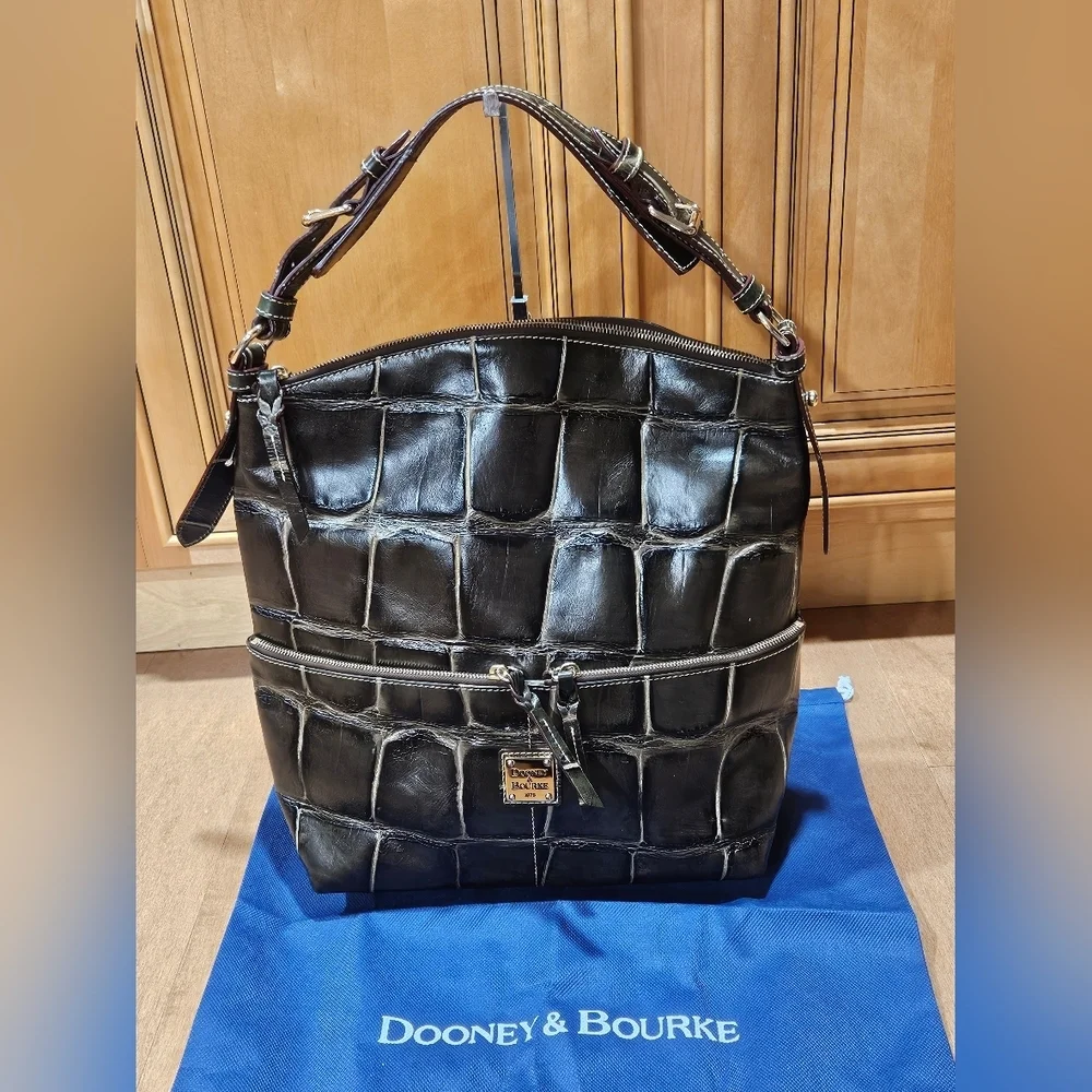 DOONEY & BOURKE Leather GREEN Croco Embossed Satchel Hobo Purse Shoulder Bag